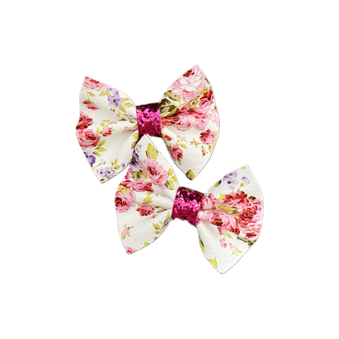 Pink Floral Faux Leather Chunky Glitter Pinch Bow Piggy Set