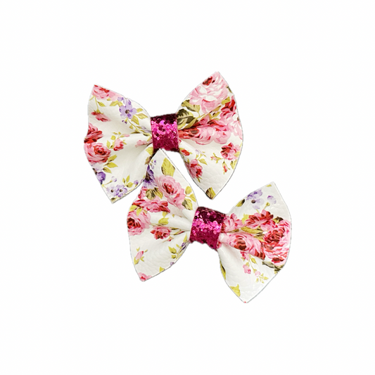 Pink Floral Faux Leather Chunky Glitter Pinch Bow Piggy Set
