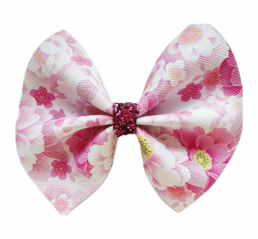 Pretty Pink Floral Faux Leather Chunky Glitter Pinch Bow|Headband