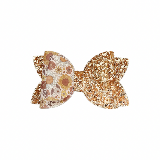 BoHo Floral Faux Leather Chunky Glitter Double Stack Bow|Headband