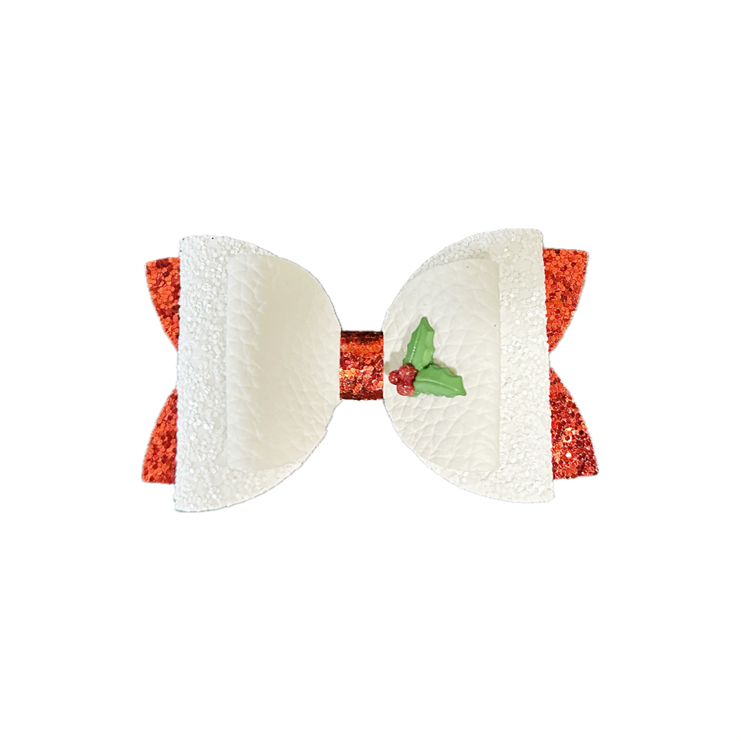 White Christmas Holly Faux Leather Chunky Glitter Double Stack Bow|Headband