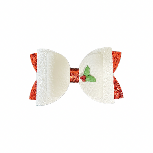 White Christmas Holly Faux Leather Chunky Glitter Double Stack Bow|Headband