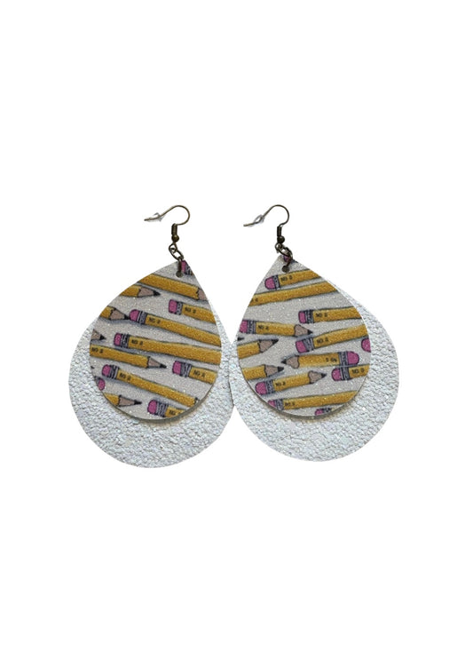 Pencil White Faux Leather Teardrop Earrings