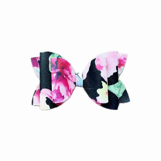 Black Floral Faux Leather Double Stack Bow|Headband