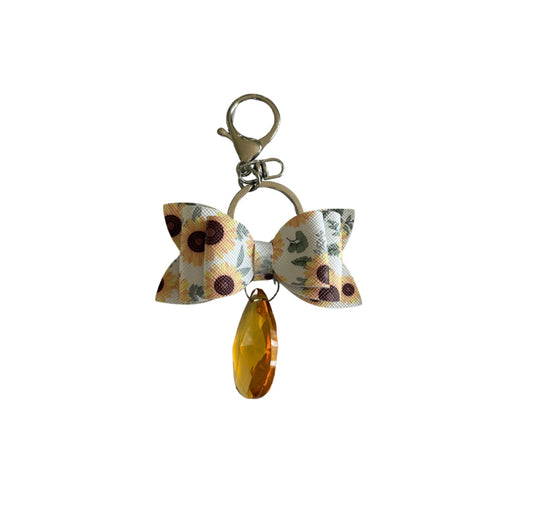 White Sunflower Faux Leather Mini Bow Keychain