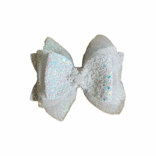 White Snowflake Tulle Faux Leather Chunky Glitter Double Stack Bow|Headband