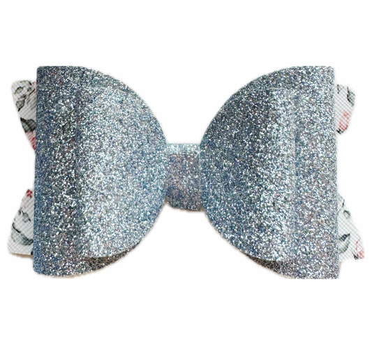 Dark Silver & Floral Faux Leather Fine Glitter Double Stack Bow|Headband