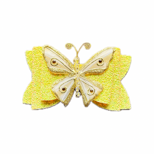 Yellow Butterfly Faux Leather Chunky Glitter Double Stack Bow|Headband