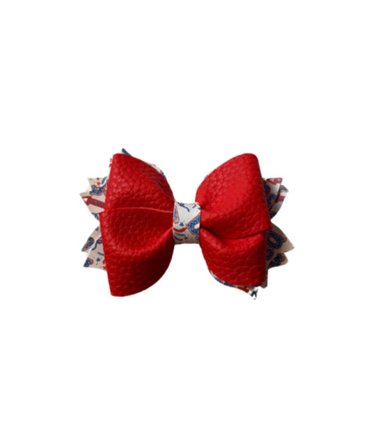Red Firecracker Double Stack Faux Leather Twist Pinch Bow| Headband