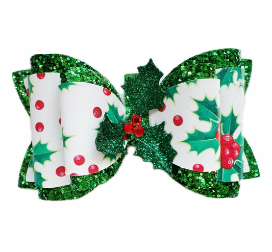 Holly Berry Faux Leather Chunky Glitter Double Stack Bow|Headband
