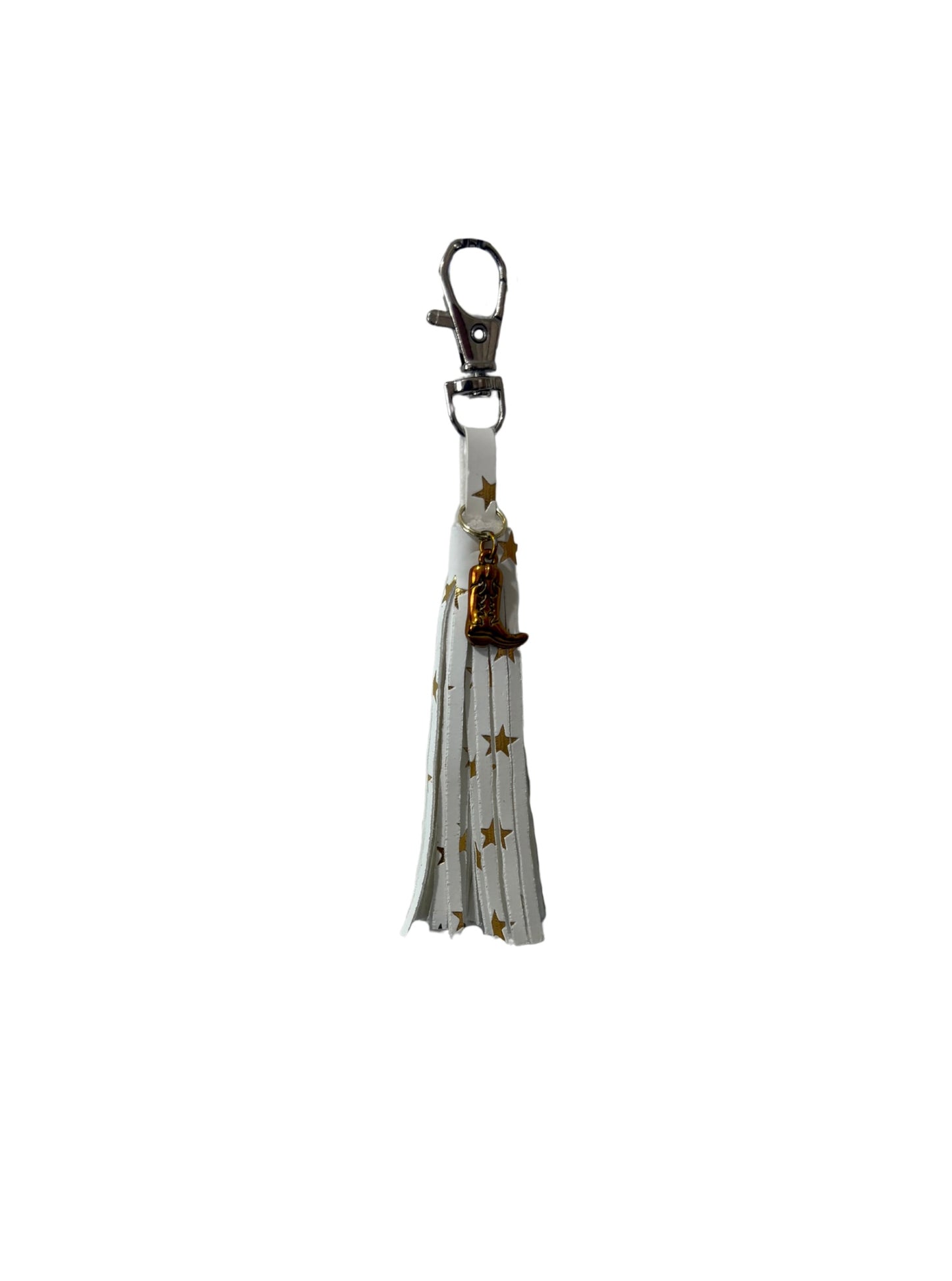 White & Gold Stars Faux Leather Fringe Keychain