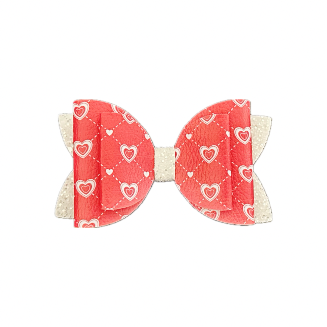 Red Hearts Chunky Glitter Faux Leather Double Stack Bow|Headband