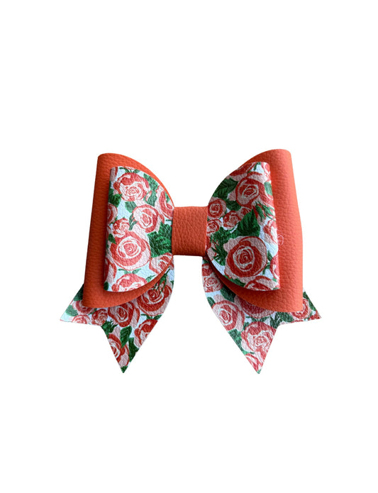 Orange Floral Double Stack Faux Leather Bow
