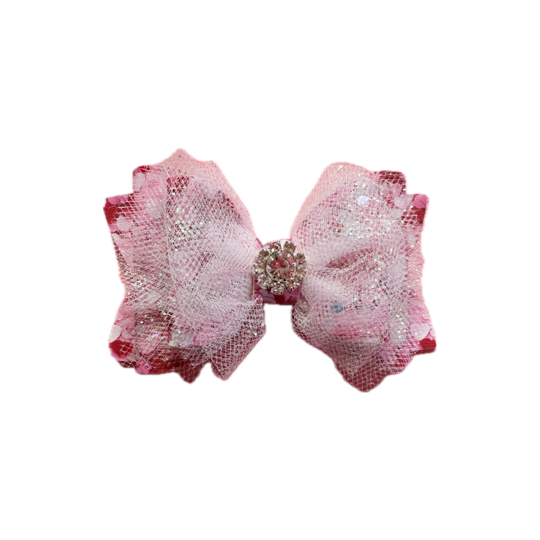 Confetti Heart Tulle/Diamond Faux Leather Double Stack Bow|Headband