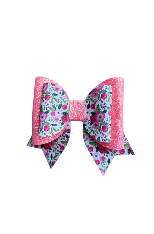 Pink Floral Double Stack Faux Leather Bow