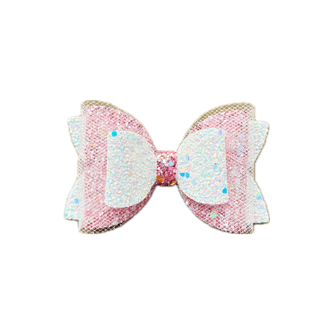 White and Pink Faux Leather Tulle Chunky Glitter Double Stack Bow|Headband