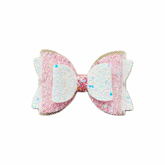 White and Pink Faux Leather Tulle Chunky Glitter Double Stack Bow|Headband
