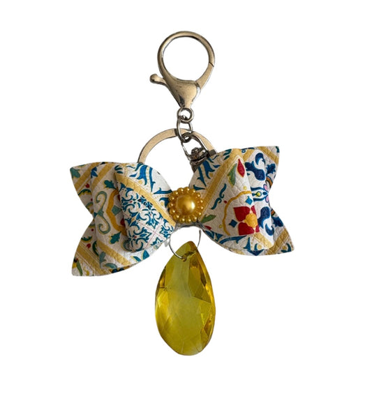 Yellow Paisley Faux Leather Mini Bow Keychain