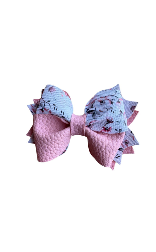 Pink Floral Faux Leather Twist Pinch Bow|Headband