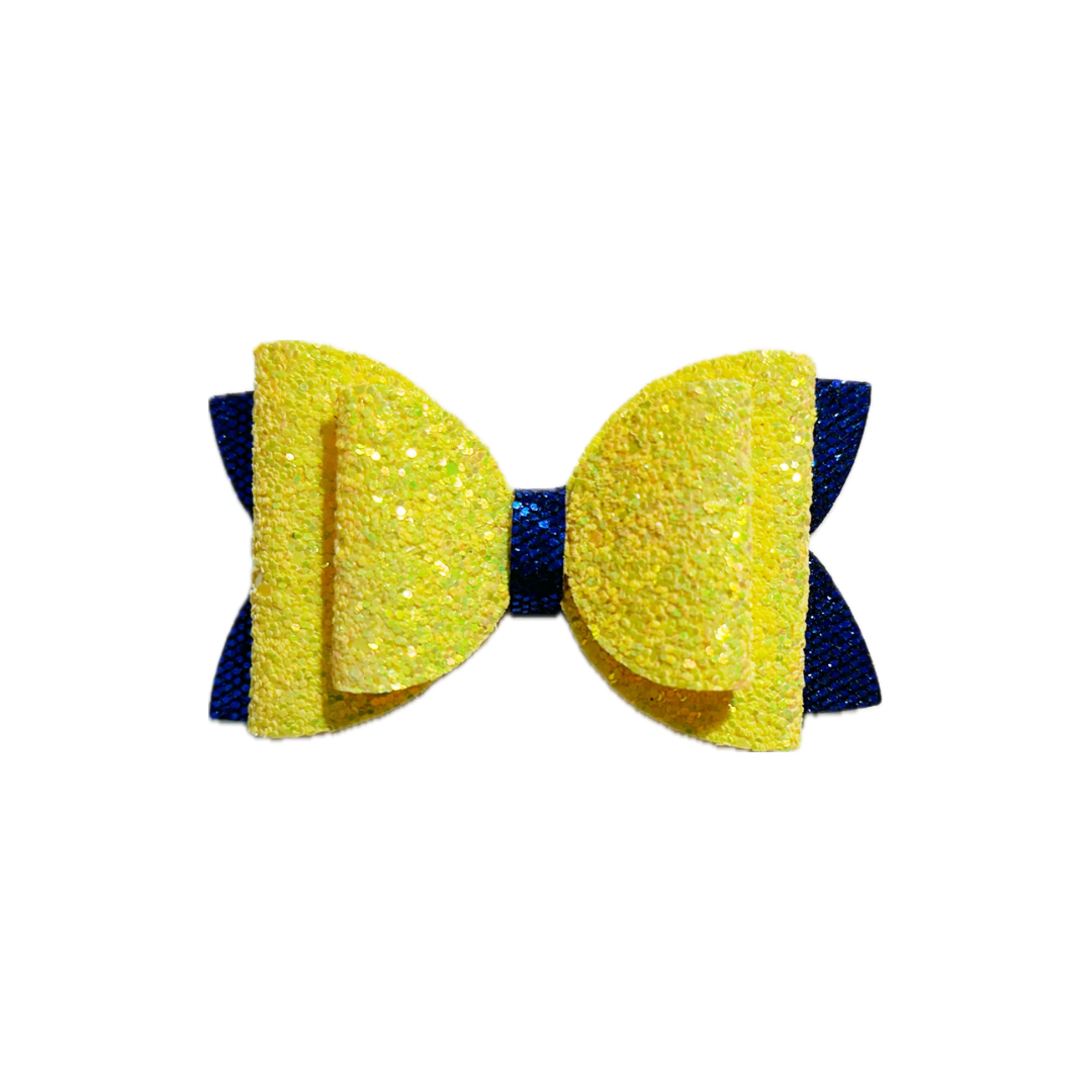 Yellow and Blue Faux Leather Chunky Glitter Double Stack Bow|Headband