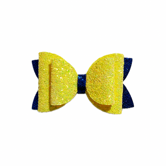 Yellow and Blue Faux Leather Chunky Glitter Double Stack Bow|Headband