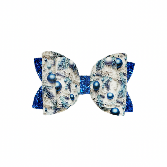 Blue Christmas Faux Leather Chunky Glitter Double Stack Bow|Headband