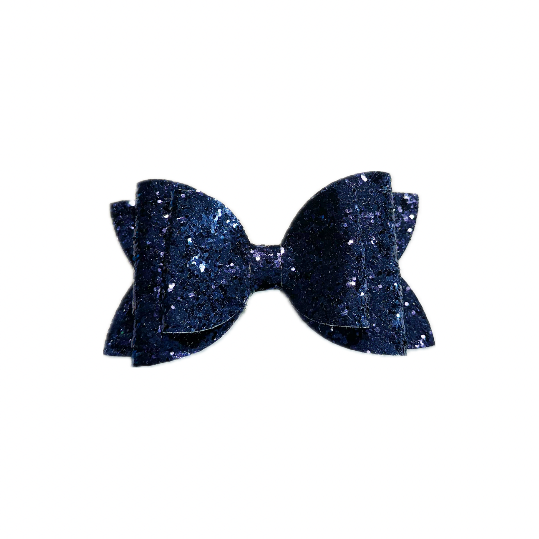 Navy Blue Faux Leather Chunky Glitter Double Stack Bow|Headband