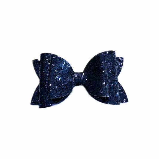 Navy Blue Faux Leather Chunky Glitter Double Stack Bow|Headband