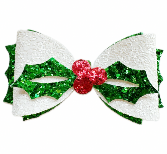 Christmas Holly Faux Leather Chunky Glitter Bow|Headband