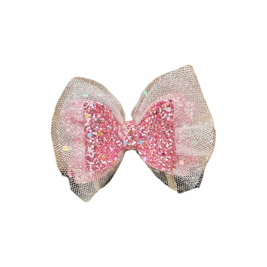 Pink Tulle Faux Leather Chunky Glitter Double Stack Bow|Headband