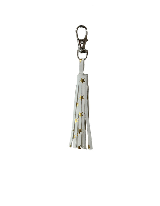 White & Gold Stars Faux Leather Fringe Keychain
