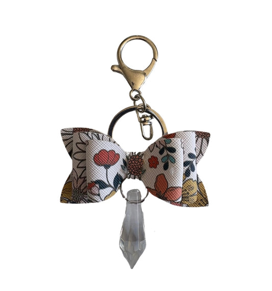 White Floral Faux Leather Mini Bow Keychain