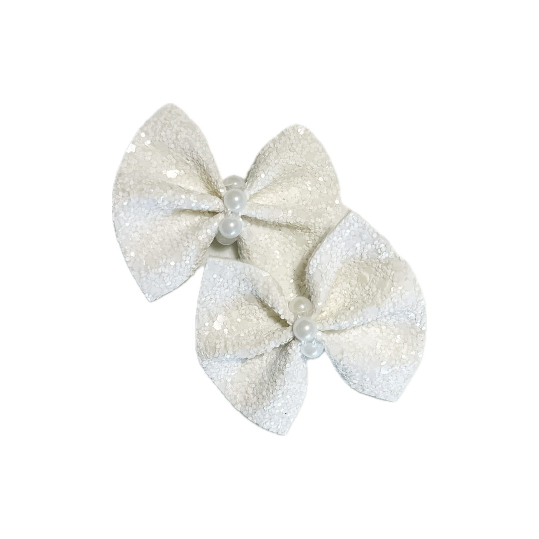 White Pearl Faux Leather Chunky Glitter Pinch Bow Set