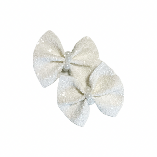 White Pearl Faux Leather Chunky Glitter Pinch Bow Set