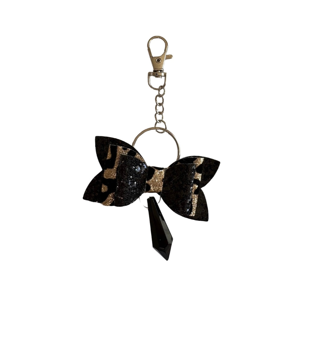 Black Cheetah Faux Leather Mini Bow  Keychain