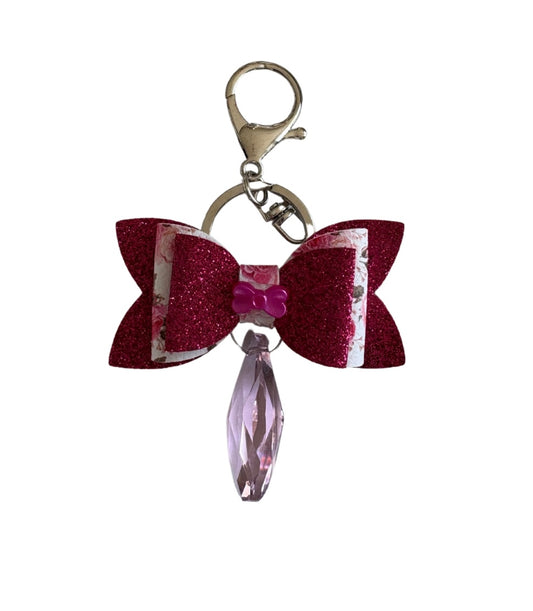 Hot Pink Floral Faux Leather Mini Bow Keychain