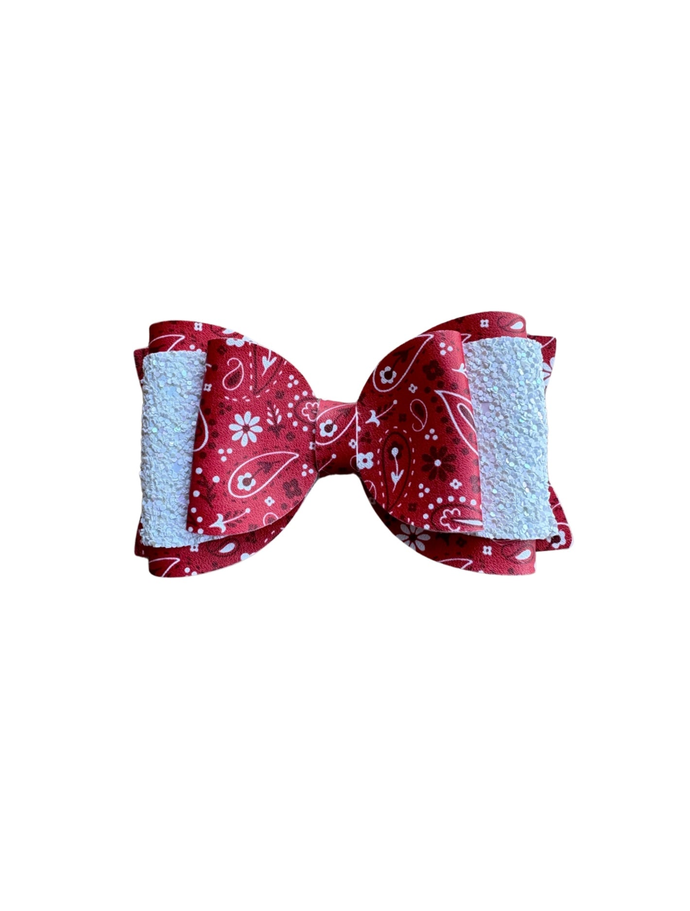 Red Paisley Double Stack Faux Leather Bow | Headband