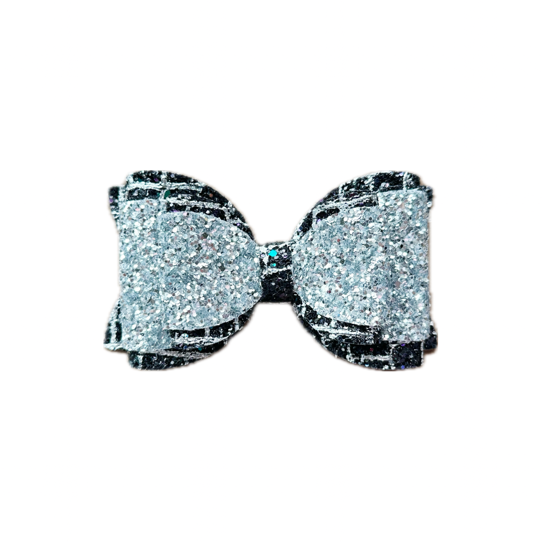 Silver and Black Faux Leather Chunky Glitter Double Stack Bow|Headband