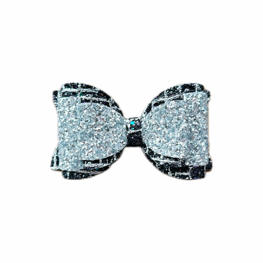 Silver and Black Faux Leather Chunky Glitter Double Stack Bow|Headband