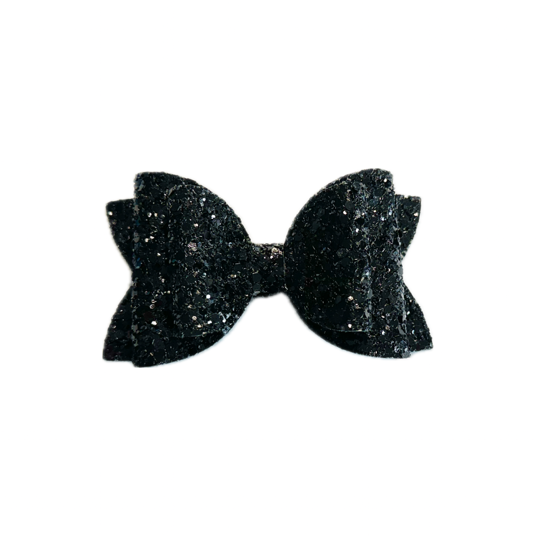 Pure Black Faux Leather Chunky Glitter Double Stack Bow|Headband