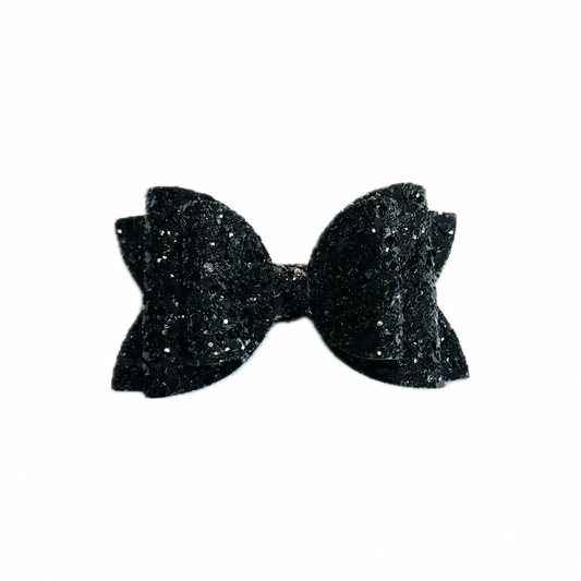 Pure Black Faux Leather Chunky Glitter Double Stack Bow|Headband
