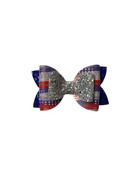 American Silver Double Stack Faux Leather Bow| Headband