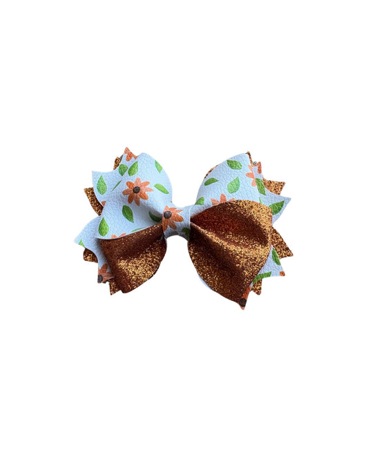 Orange Floral Faux Leather Twist Pinch Bow| Headband