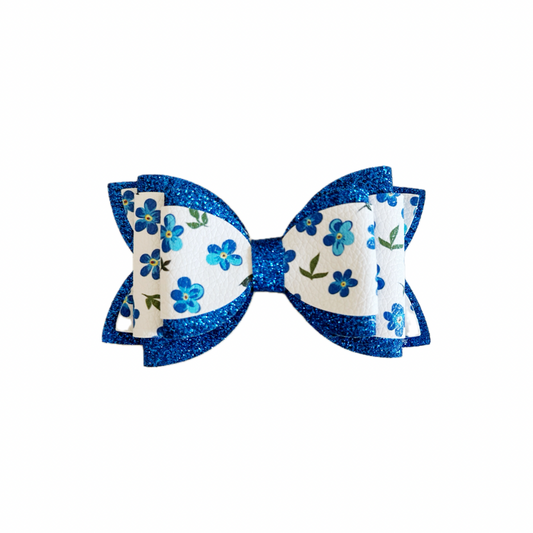 Blue Flower Faux Leather Fine Glitter Double Stack Bow|Headband