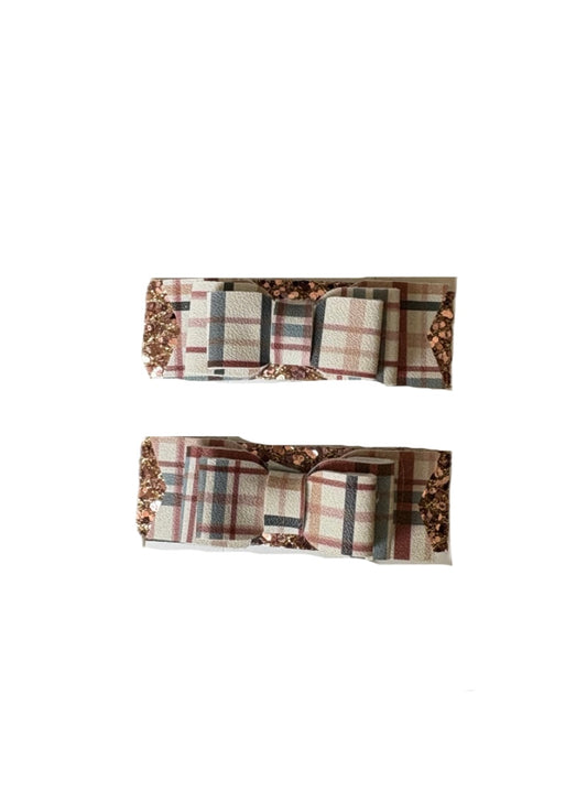 Gold Plaid Mini Bow Faux Leather Snap Clip Duo