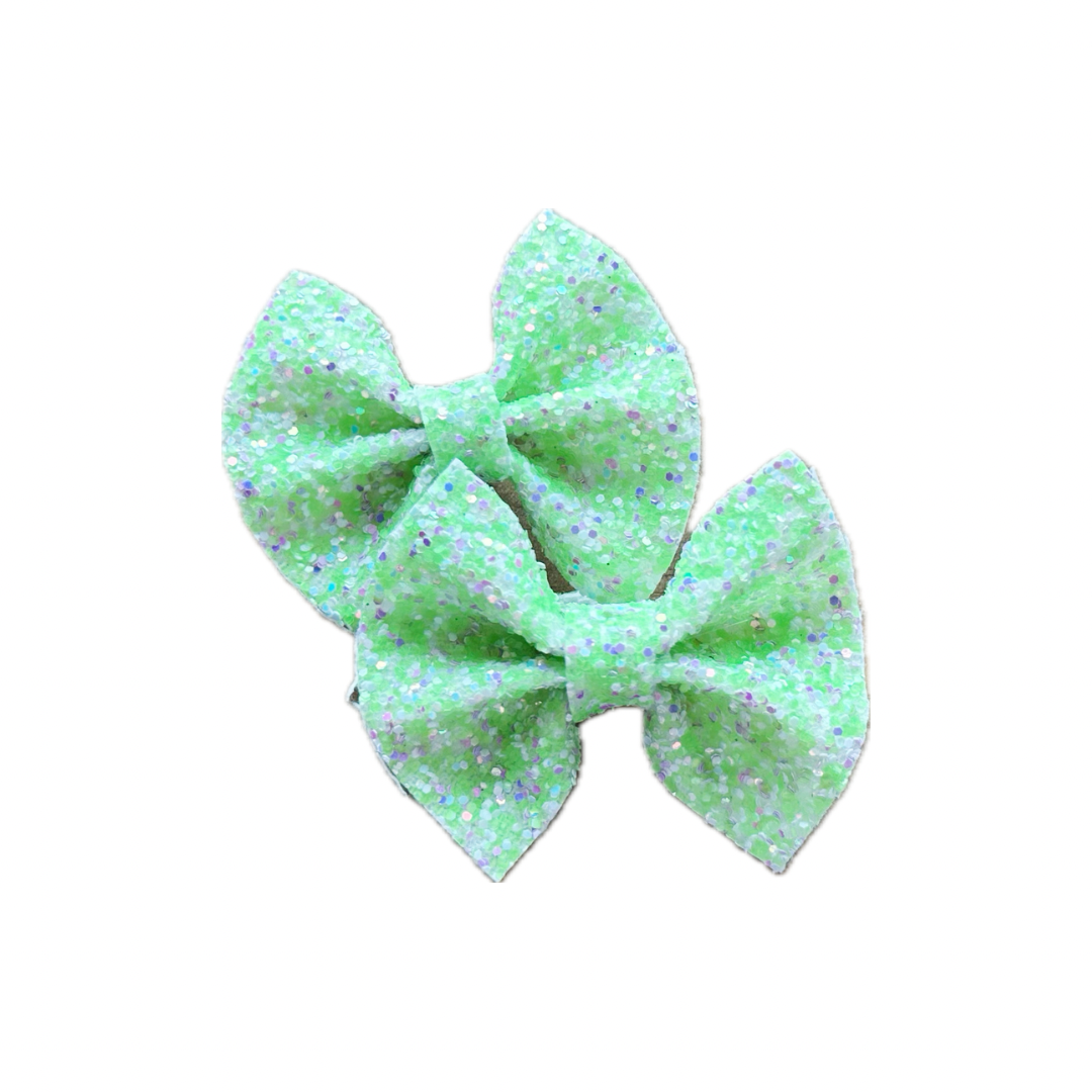 Neon Green Faux Leather Chunky Glitter Pinch Bow Set
