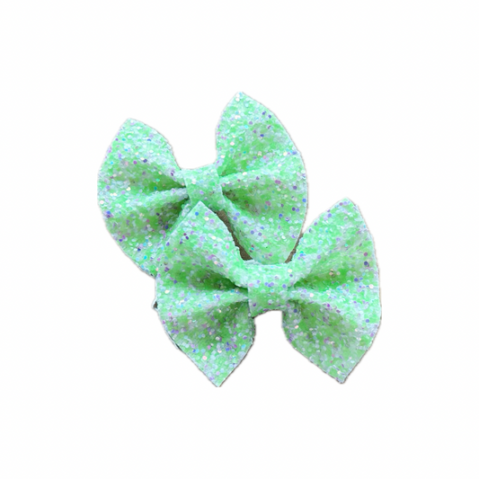Neon Green Faux Leather Chunky Glitter Pinch Bow Set
