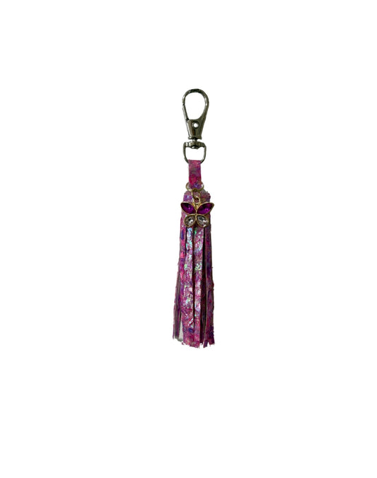 Pink Butterfly Faux Leather Fringe Keychain