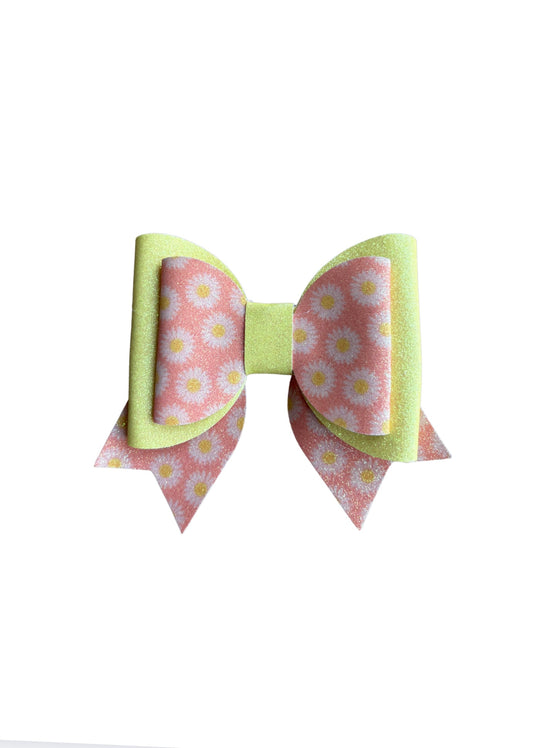 Yellow Daisy Double Stack Faux Leather Bow