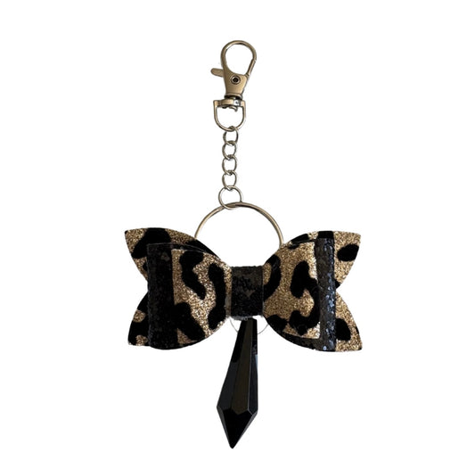 Black Cheetah Faux Leather Mini Bow  Keychain